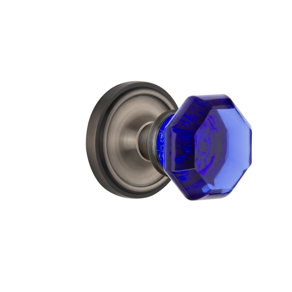 Nostalgic Warehouse CLAWAC Colored Crystal Classic Rosette Passage Waldorf Cobalt Door Knob in Antique Pewter